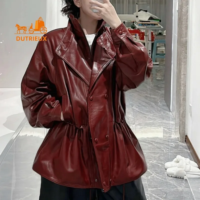 

Autumn and Winter Women's Double Collar Design with Drawstring Real Leather Jacket, 100% Genuine Sheepskin Simple Fashion Coat