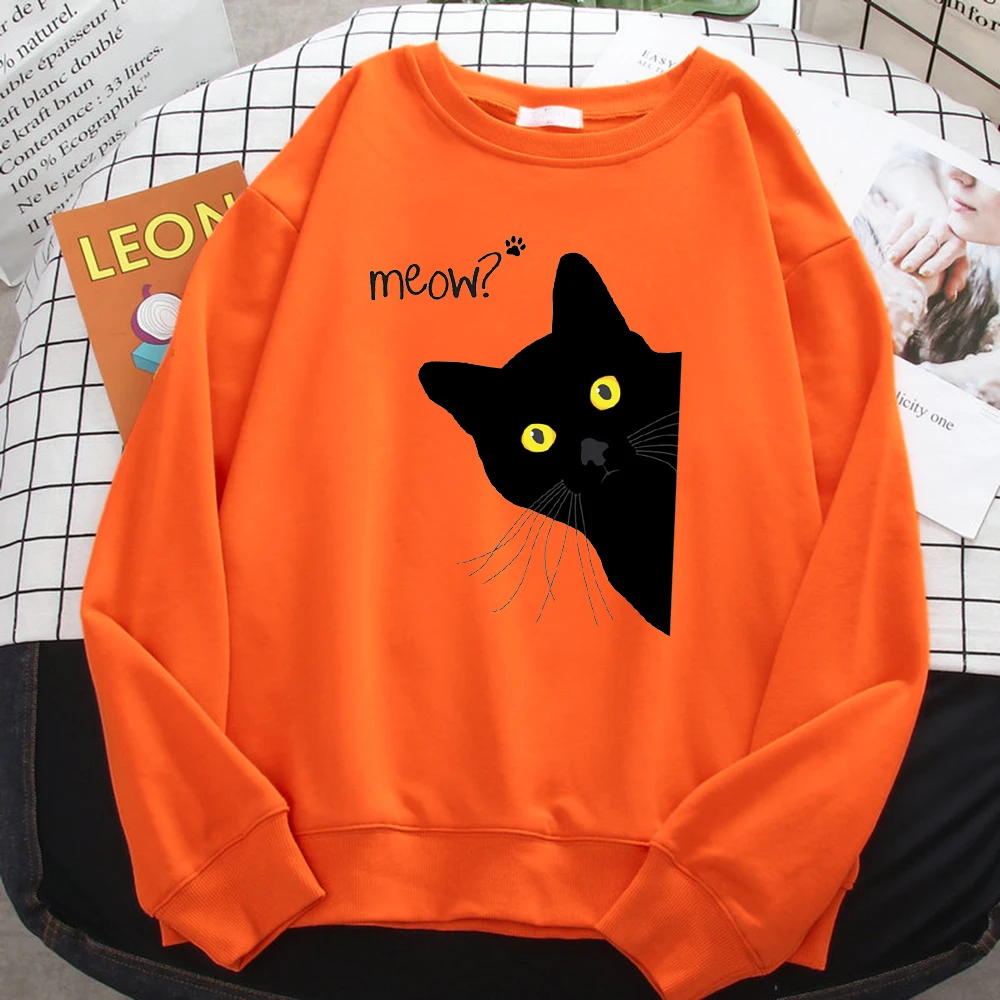 Winter Harajuku Woman Sweatshirt Meow Black Cat Printing Hoodies Comfortable All-Math Pullover Crewneck Loose Female Clothes
