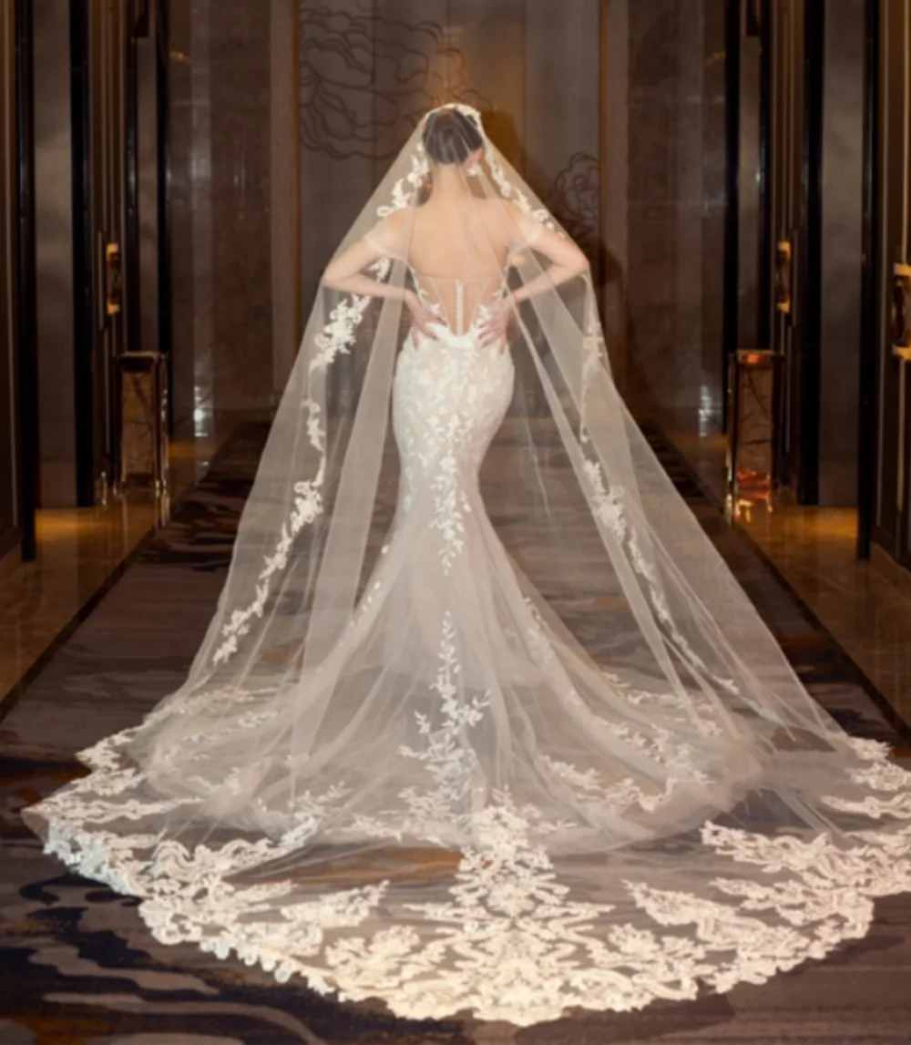 

Luxurious Wedding Veils Lace Applique Edge Veil With Comb One-Layer 3M Long Cathedral Custom Made Bride Accessories