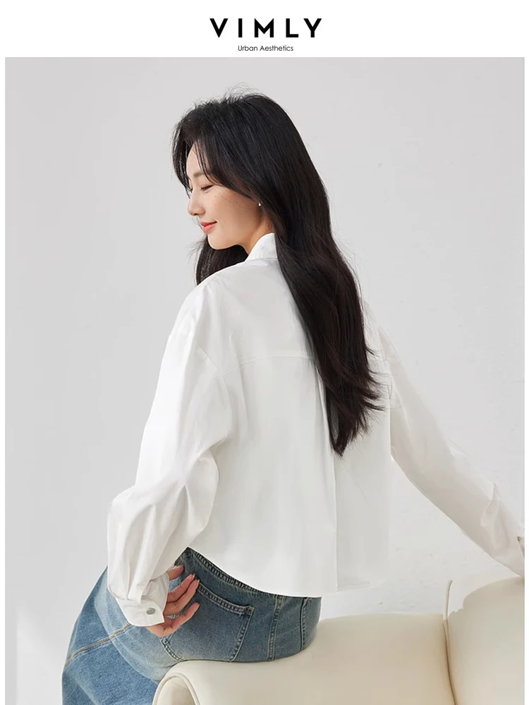 Vimly Short White Shirt Women 2024 Spring 100% Cotton Casual Lapel Button Down Shirts & Blouses Women Crop Tops Clothing M5076