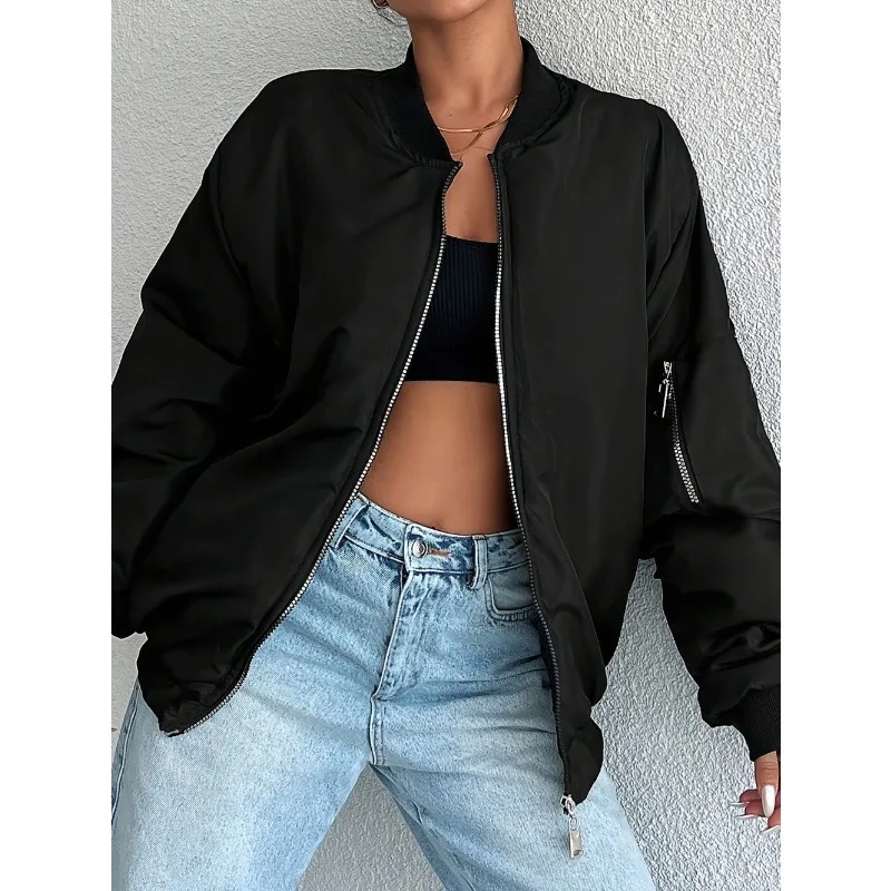 เสื้อแจ็คเก็ตบอมเบอร์แฟชั่นสไตล์สตรีทแขนยาวสำหรับฤดูใบไม้ผลิและฤดูใบไม้ร่วง เสื้อสเวตเชิ้ตซิป เสื้อคลุมลำลองสีพื้นสำหรับผู้หญิง