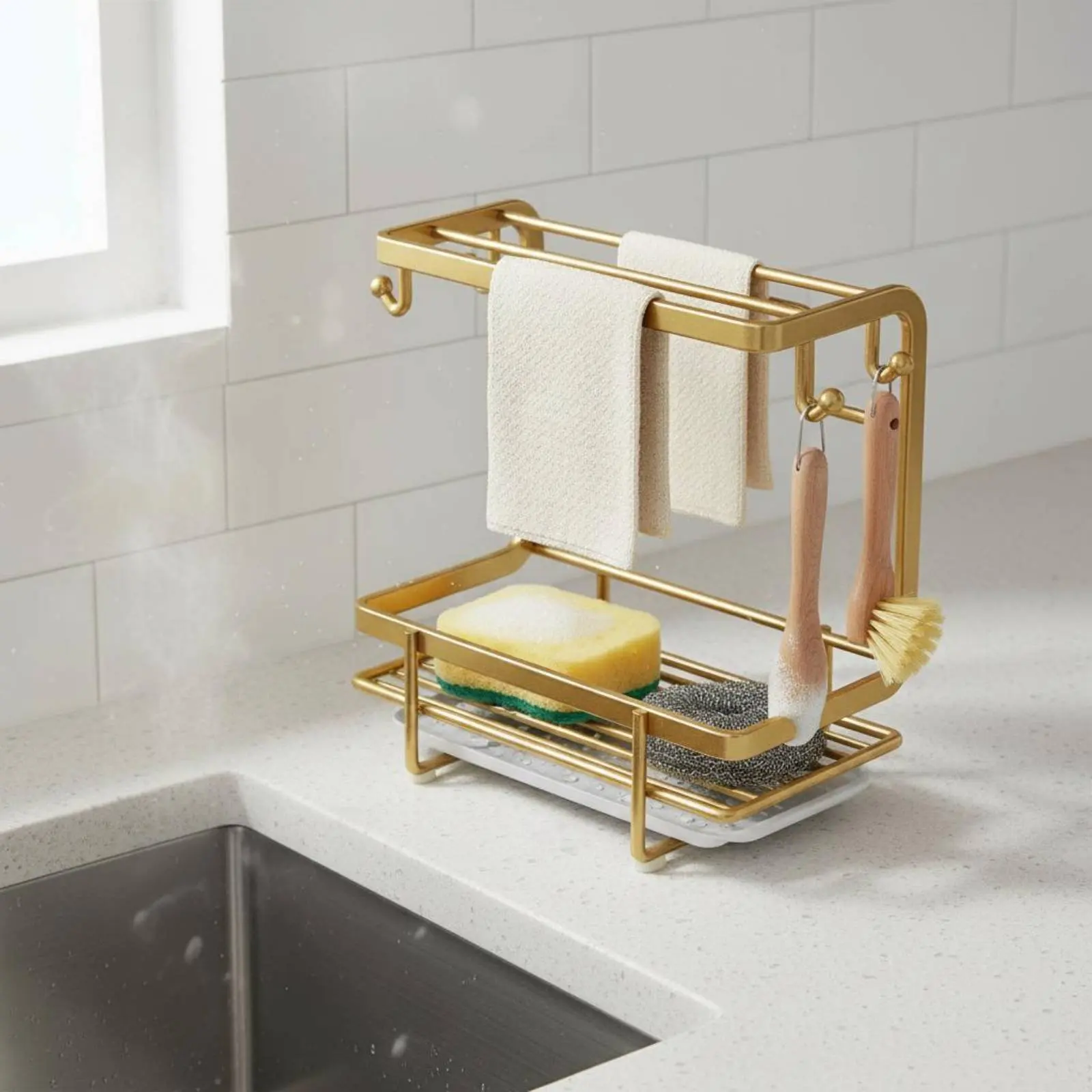 Kitchen Sink Organizer Rack Automatic Drainage Kitchen Sink Holder Sponge Holder with Drainer No-Holes-Unrestricted Installation