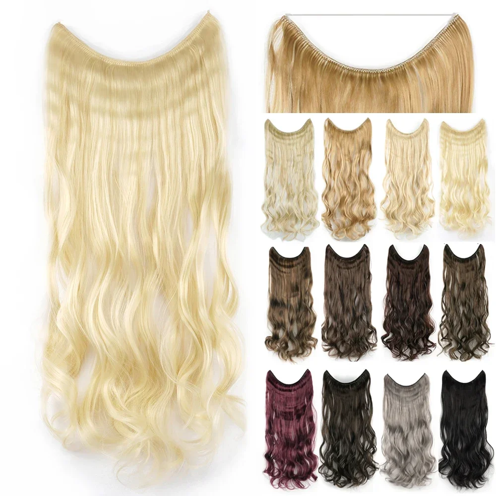 Long Synthetic Hair Hairpieces Fish Line Fusion Invisible Curly Hair Extensions Blonde Cabello Perruque Femme Cabelo