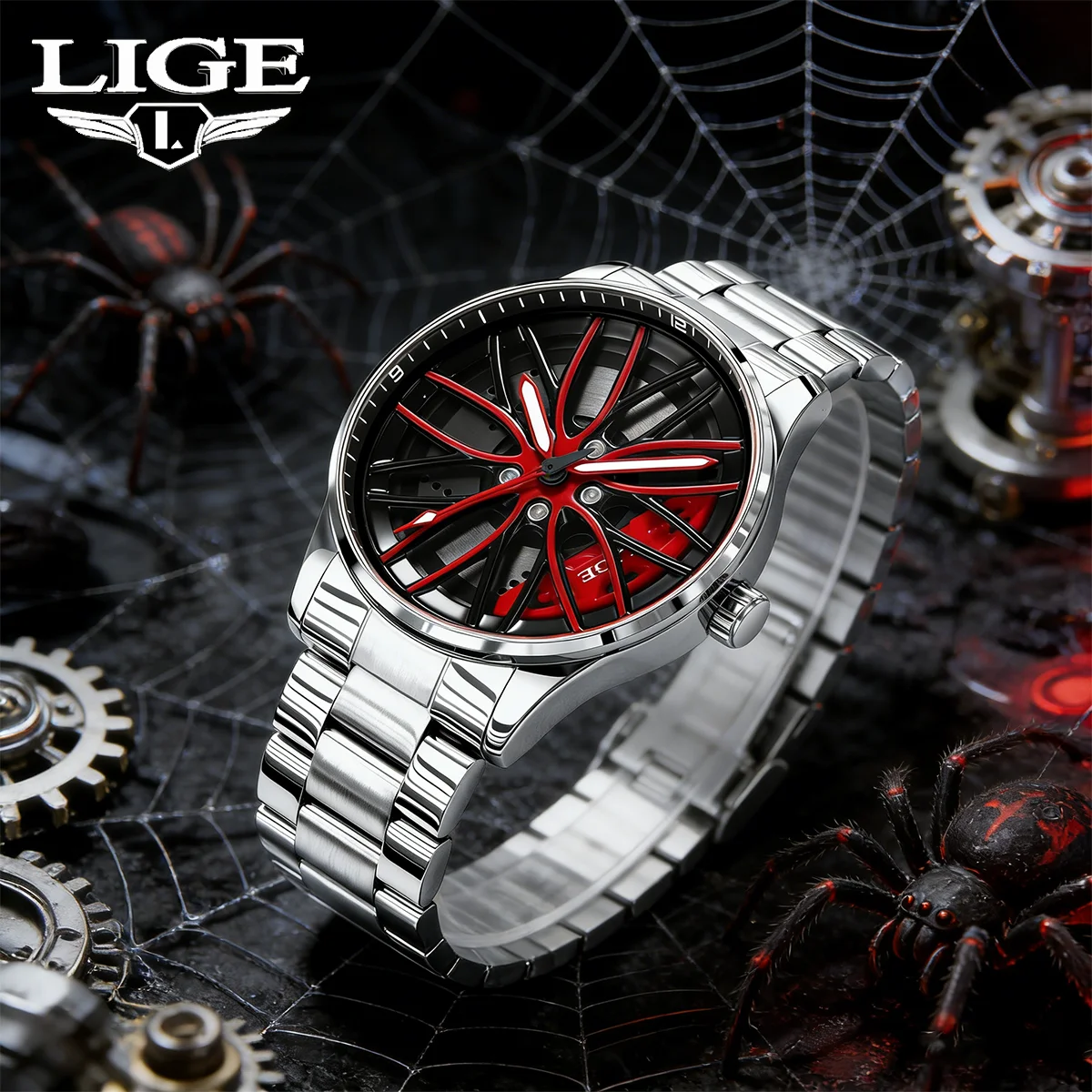 

Новые модные мужские кварцевые наручные часы LIGE из нержавеющей стали с циферблатом в виде автомобильного диска, спортивные, деловые, люксовые, с коробкой