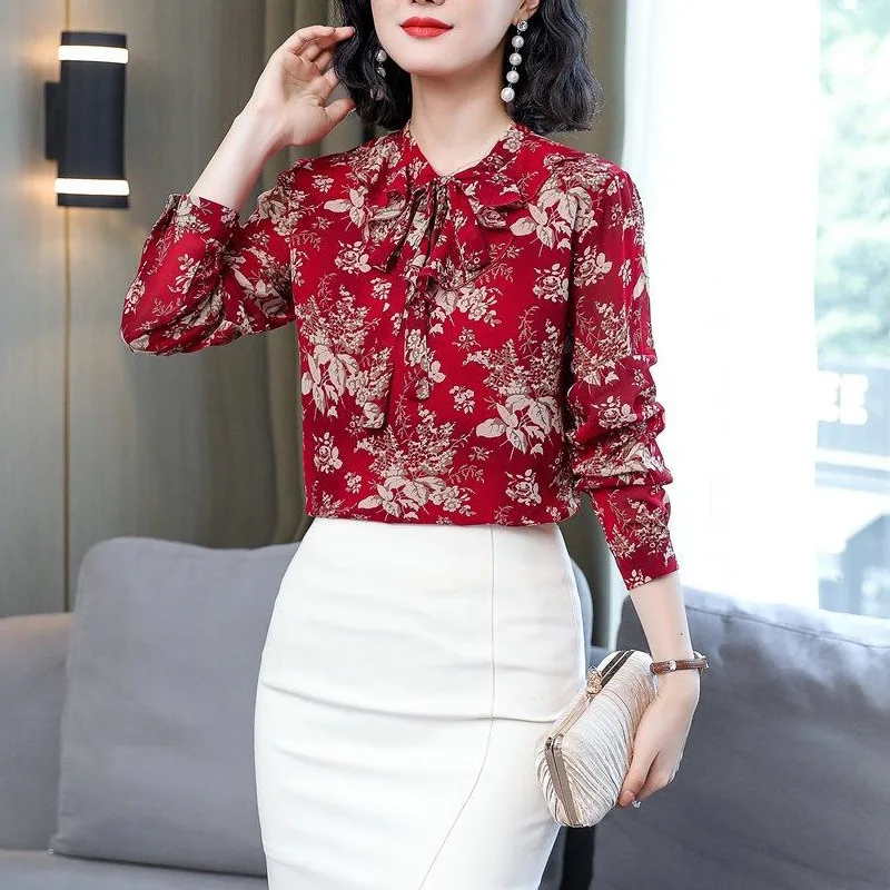 Vintage Floral Print Ruffle Lace Up Bow Elegant Chic Office Lady Button Up Shirt Fashion Long Sleeve Slim Tops Blouses for Women