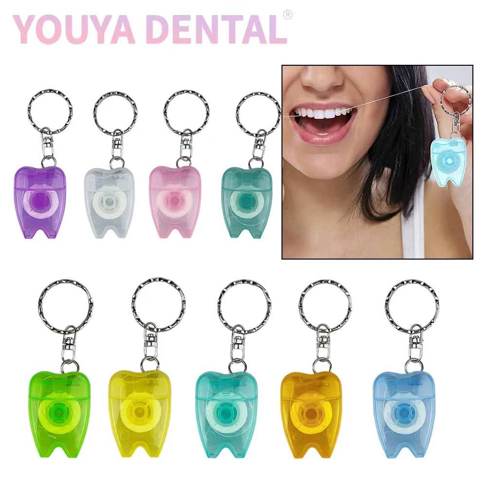 50 Pcs 15M Dental Tooth Shape Keychain Mint Flavor Portable Dental Floss Keychain Tooth Cleaning Oral Hygiene Supplies