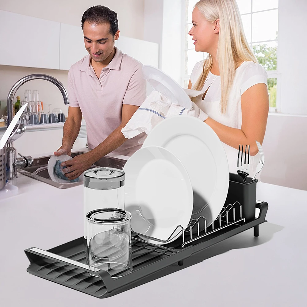 Extendable Dish Rack for Kitchen CountertopDish Drying Rack with Draining Tray Rustfree Rack with 2 Utensil Holder