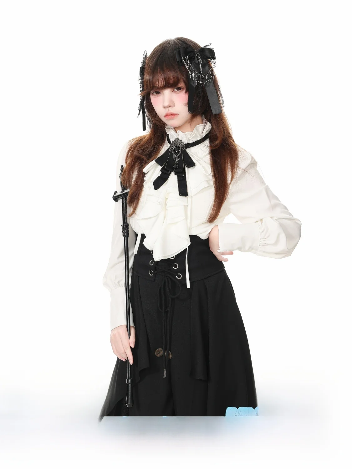 Languid Park Blue Ghost Three-Piece Set with Shirt Pants And Waist Seal  Knot Stand Collar Long Sleeve High Waist