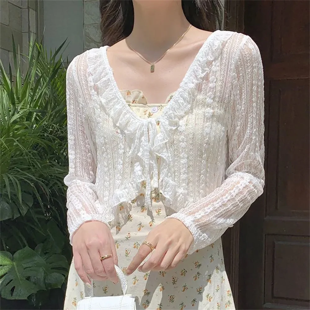 Summer Sun Protection Coats Women Lace Bow Ruffle Cardigan Shirt Female Blouse Tops Harajuku Covers Blusa White Y2K Korean Shirt