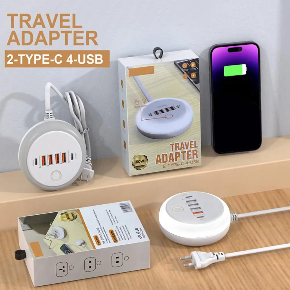 EU/UK/US Round PD20W Plug-in Charger 4USB Port +2TYPE-C Multi-port Intelligent Fast Charging Charger With Touch LED/ Fill Light