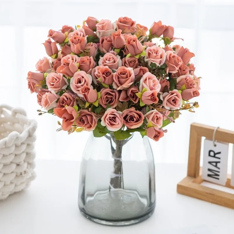 5 Gabeln, 15 Köpfe, künstliche Seidenblumen, Rose, Hochzeit, Brautstrauß, Festival-Dekoration, Zuhause, Raumarrangement, Blumenzubehör – Detail 3