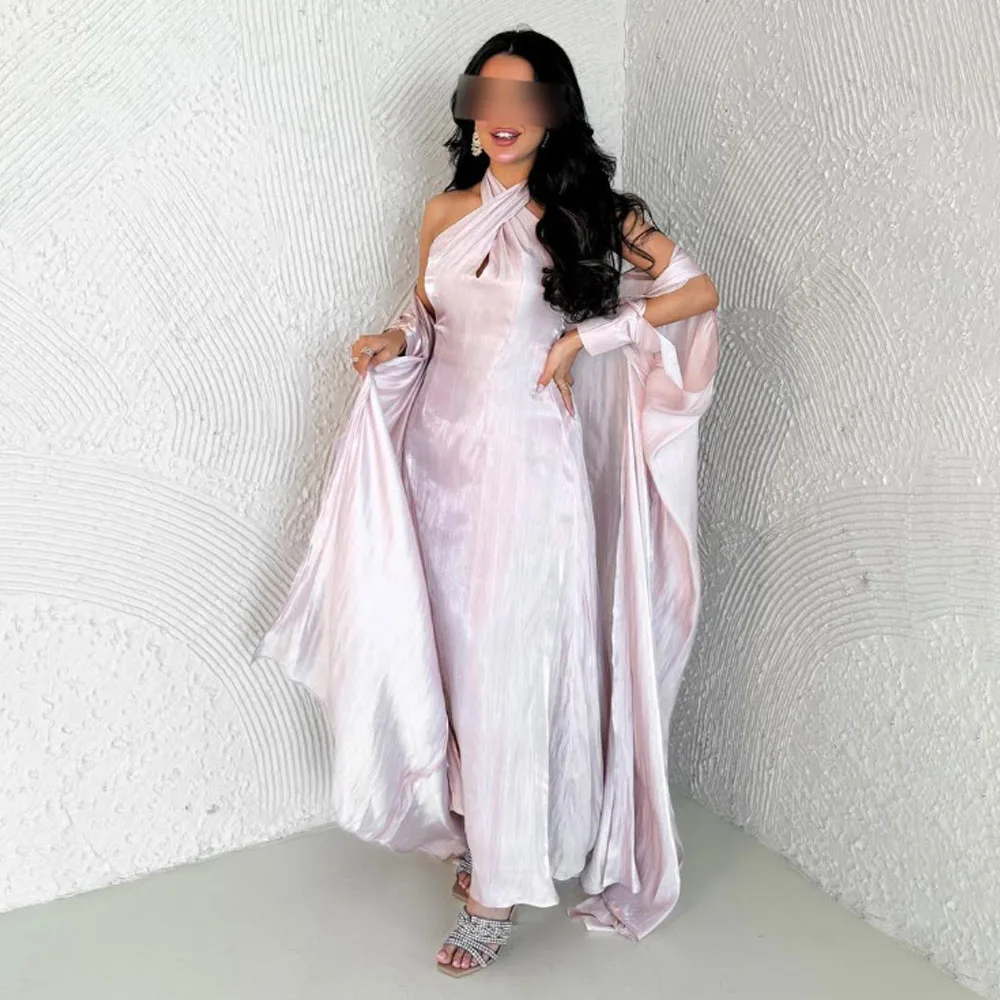 

Customized High Quality Halter Full Sleeves Ankle Length Sweep Train Zipper A-line Evening Dresses Robe Sirene Soiree Ball Gown