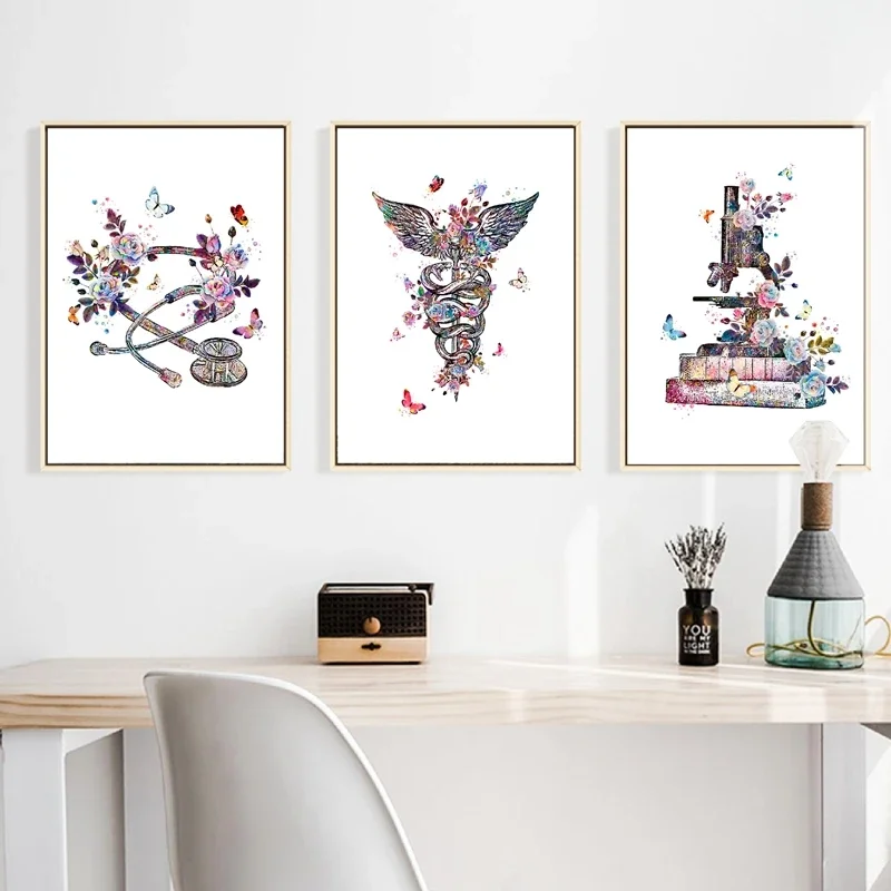 (2D Canvas painting) Physician Gift Medical Device Watercolor Art Painting Canvas Print Caduceus Stethoscope Microscope Poste