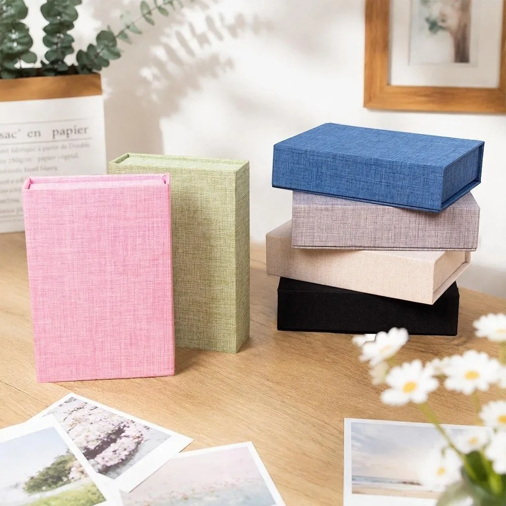 Multi Purpose Linen Fabric Photo Storage Box Flip Lid Magnetic Close Card Organizer Gift Container For Office Desk