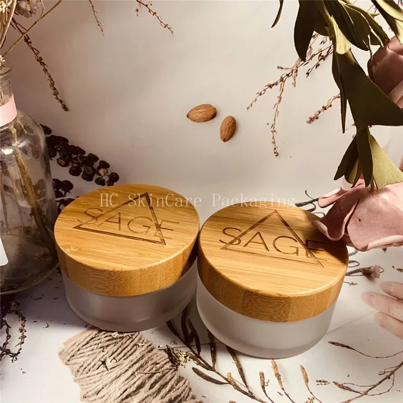 

Engraving Logo face Cream Jar Cosmetic Container Cosmetic Jars Bamboo Lid Glass Bottle Make Up Container Empty Jars Travel