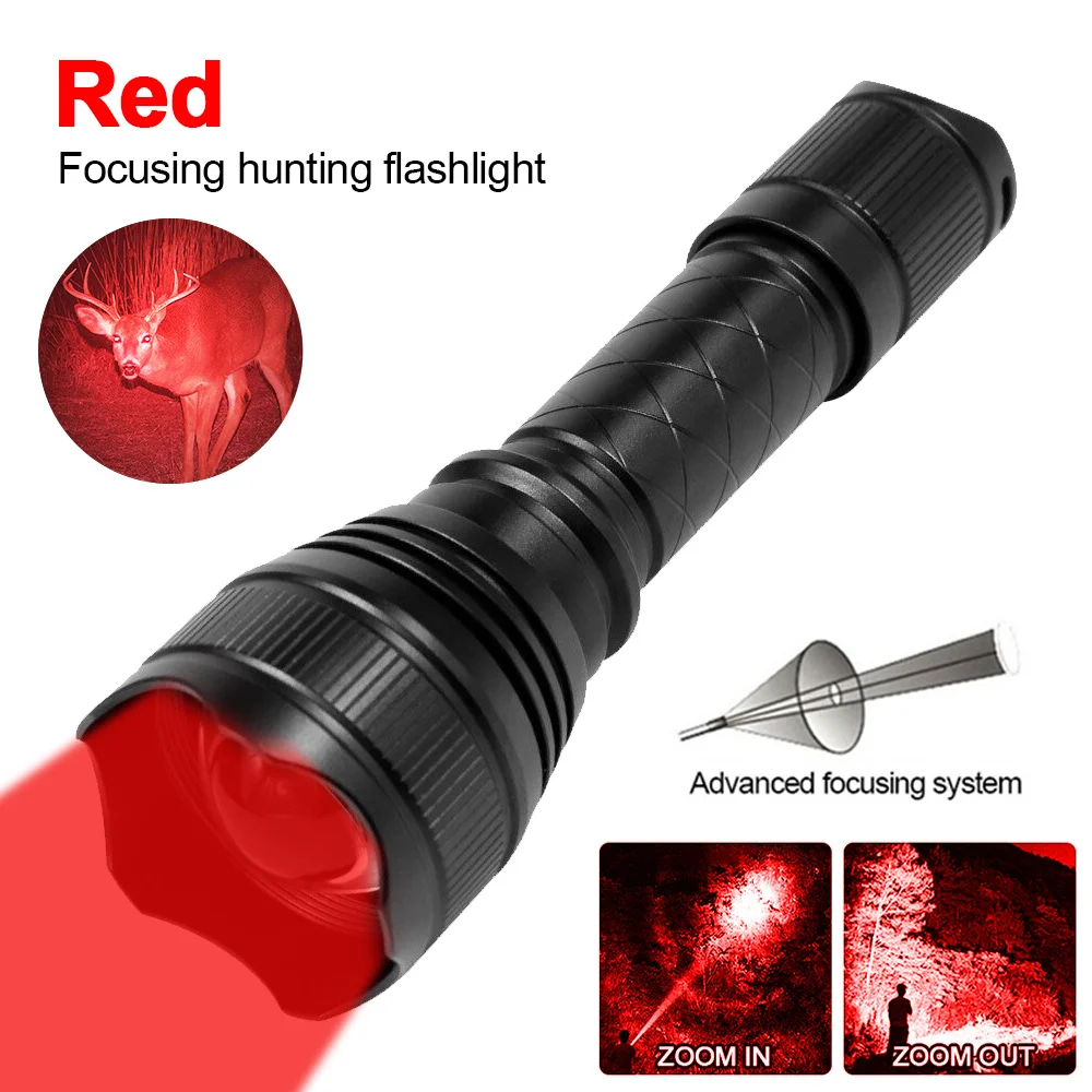 Lampe de poche Zoomable de 500 Yards rouge/vert/blanc, torche de chasse 1 Mode haut + interrupteur à pression à distance + support de lunette de visée + 18650 + chargeur