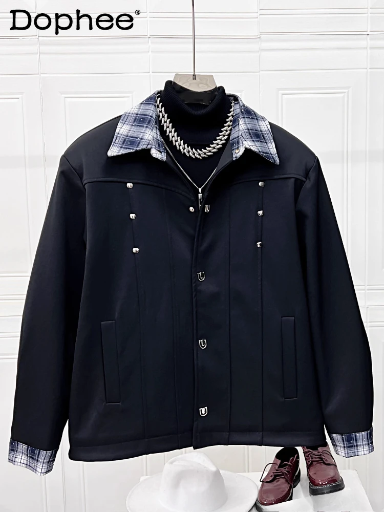 

Fashion Light Luxury Parkas Plaid Collar Faux Two-Piece Jacket Parkas Men 2025 Autumn New Lapel Trendy Padded Shoulder Jackets