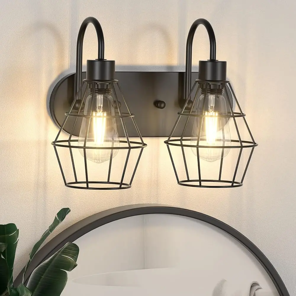 

Bathroom Vanity Light Fixtures, 2-Light Bathroom Lighting Fixtures Over Mirror With Cage, E26 Base Bla Farmhouse Wall Sconces