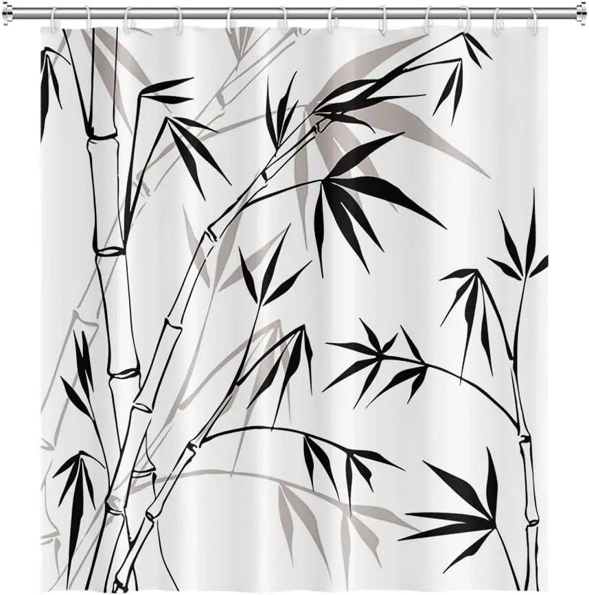 

Занавеска для душа с бамбуковым силуэтом и классическими листьями, росписью тушью, белый эскиз, водонепроницаемый декор для ванной комнаты с крючками
