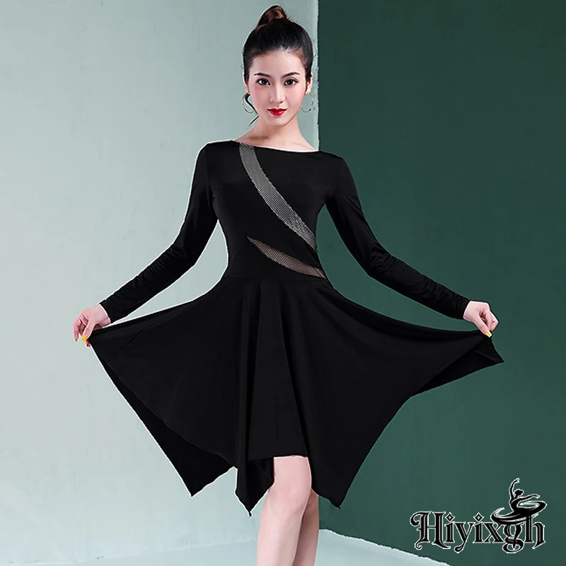 

Женское платье для латиноамериканских танцев, черное, с длинным рукавом, для взрослых, для выступлений на сцене, для бальных танцев, для тренировок, юбка для вальса, самбы, танцевальная одежда