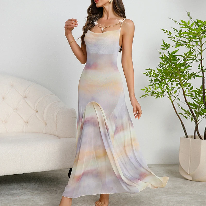 새로운 섹시 란제리 투명한 서스펜더 롱 드레스 타이 염색 그라데이션 메쉬 휴가 스타일 우아한 슬리밍 백리스 여성 잠옷