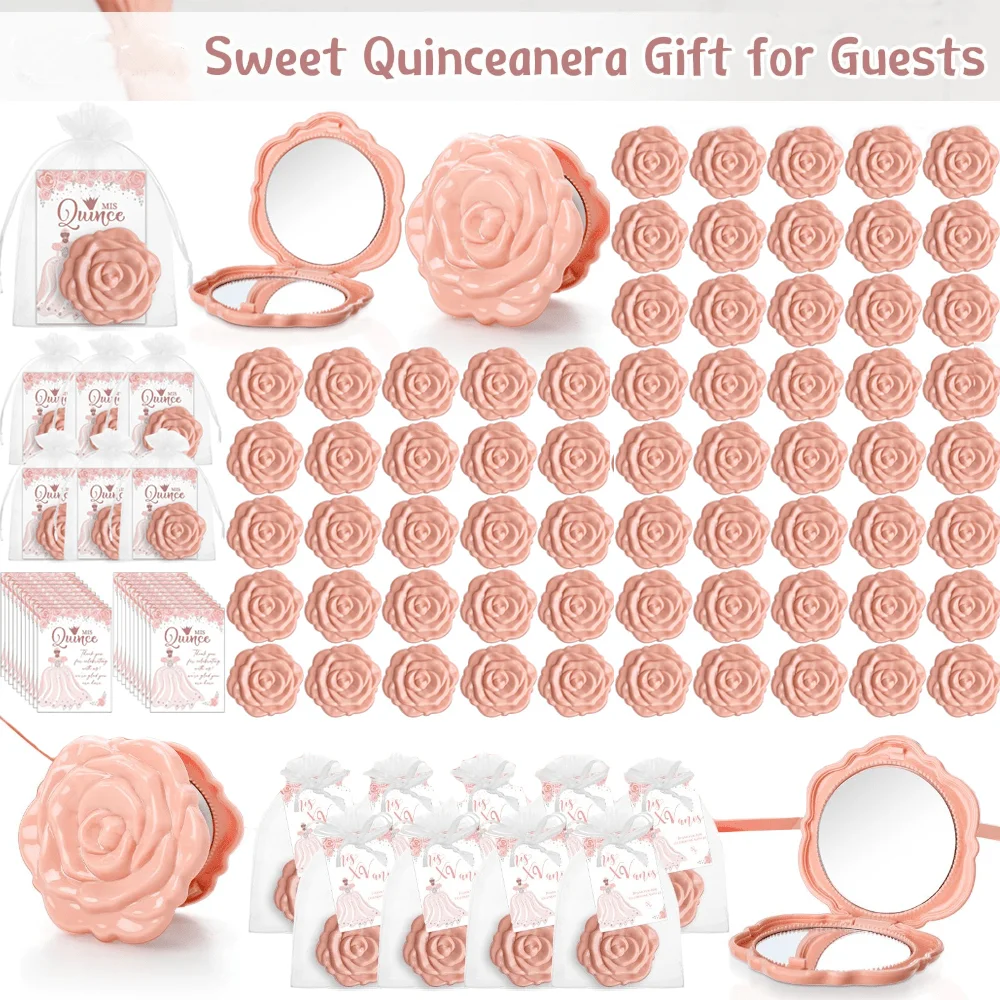 Recuerdos para Fiesta de Quinceañera/Espejos de Bolsillo Compactos con Diseño de Rosas/Tarjetas de Agradecimiento para Quinceañera y Bolsas de Organza/Recuerdos para Fiesta de Quince Años/Paquetes de Recuerdos para Fiesta con Múltiples Artículos/Navidad/para Invitados