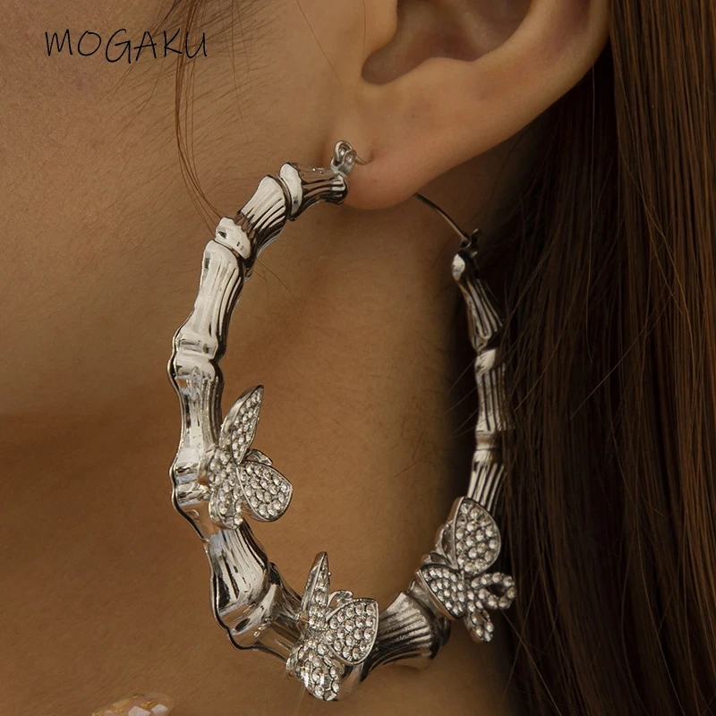 

MOGAKU Crystal Butterfly Hoop Earrings Exaggerated Punk Bamboo Earring for Women Big Round Circle Ear Jewelry Rock Accessories