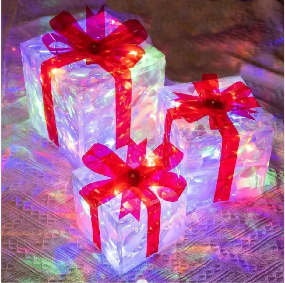 

3pcs Christmas Light up Gift Boxes Glowing Decoration Folding Box With Bow LED Lighting Luminous Party Desktop Present Ornament
