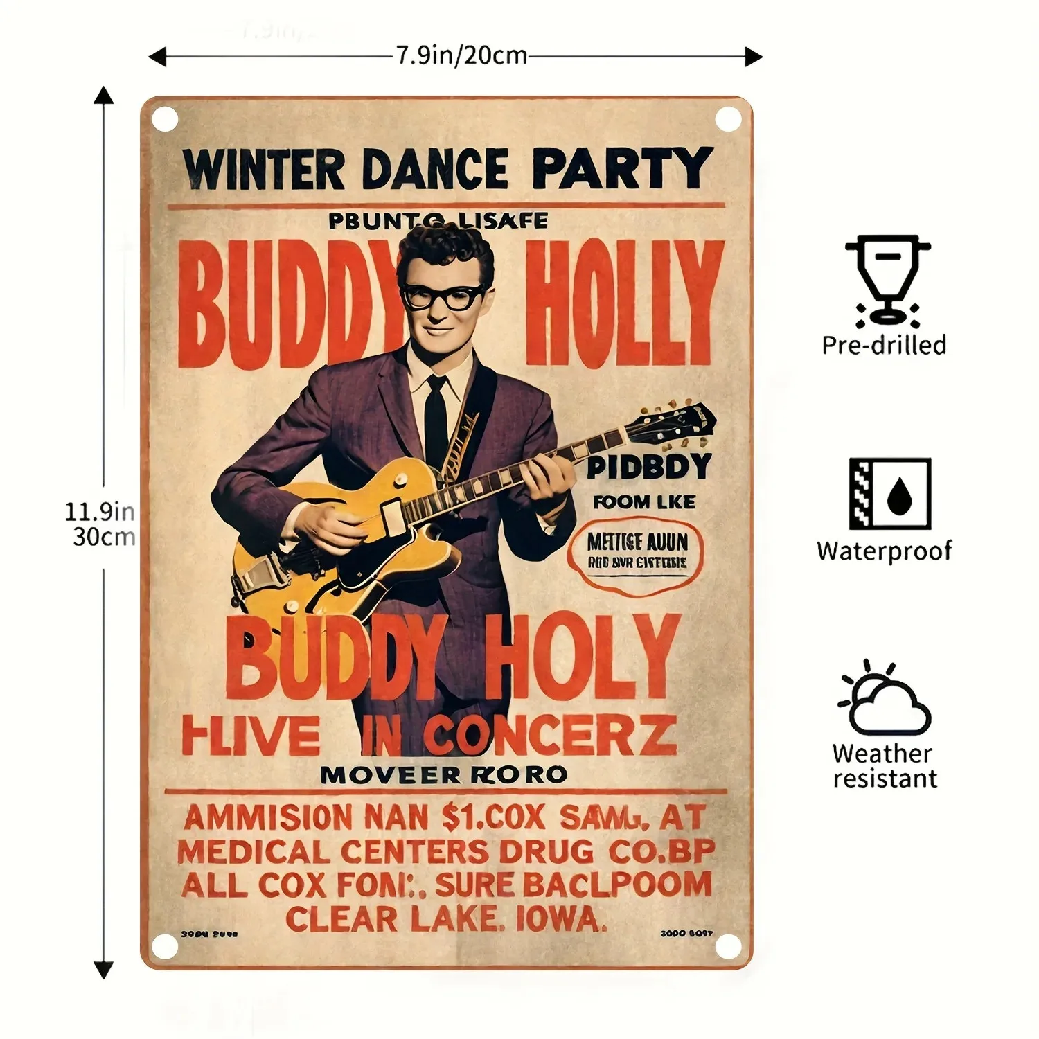 Vintage Buddy Holly Winter Dance Party Tin Metal Signs Home Décor 8x12