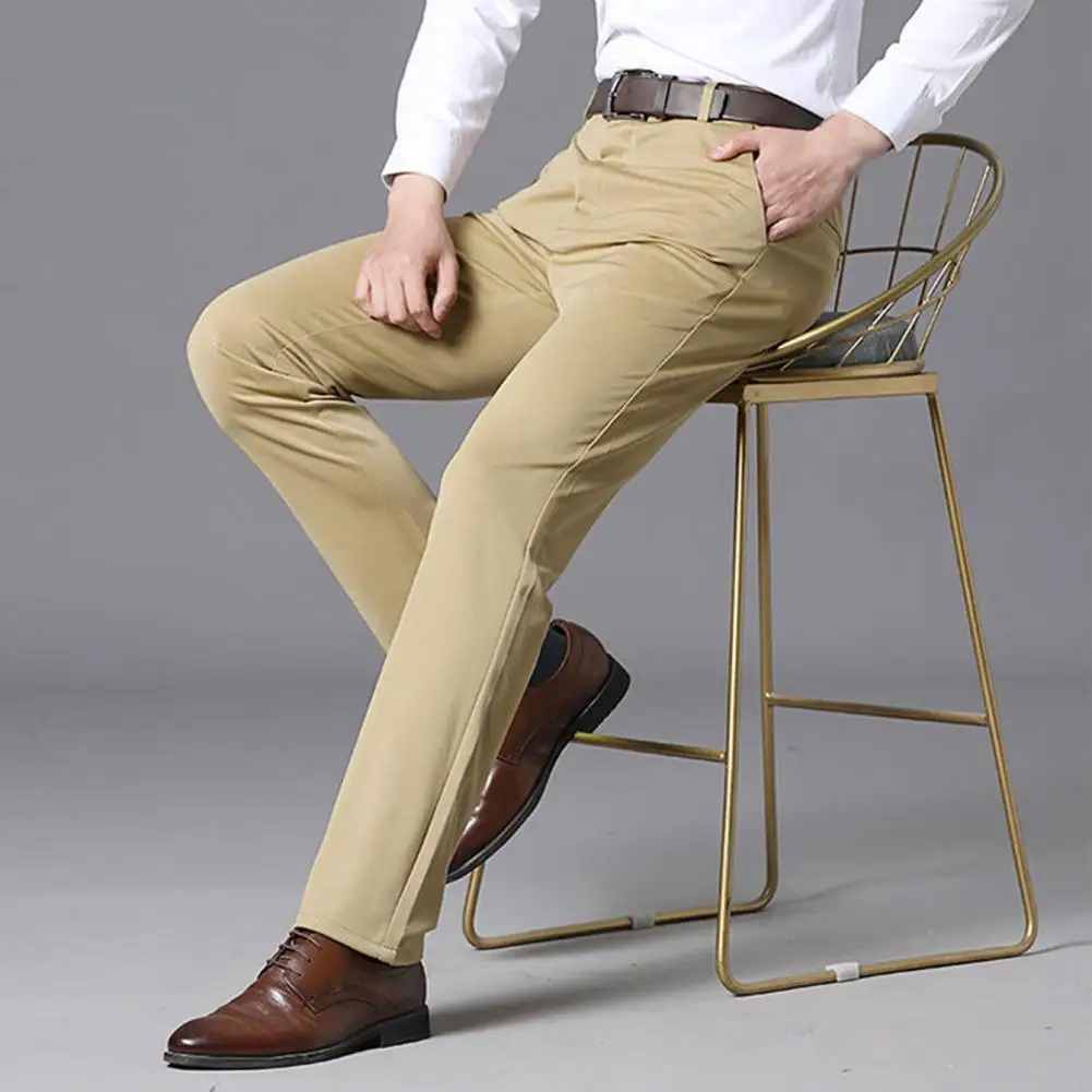 Men Business Pants Solid Color Stretchy Business Casual Long Pants Suit Trousers Elastic Straight Formal Trousers Father Pants