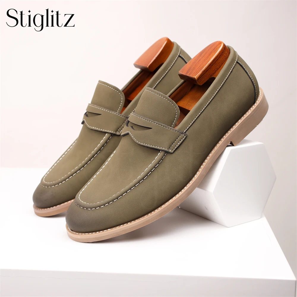 

Suede Polished Loafers for Men Elegant Style Dress Shoes Multicolor Comfortable Genuine Leather Business Shoes Khaki Beige Green