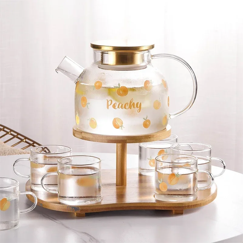 Glass Cold Kettle Set Transparent Cup Pot Seven Kits with Wooden Base Tray Teapot Heat Resistant Tea and