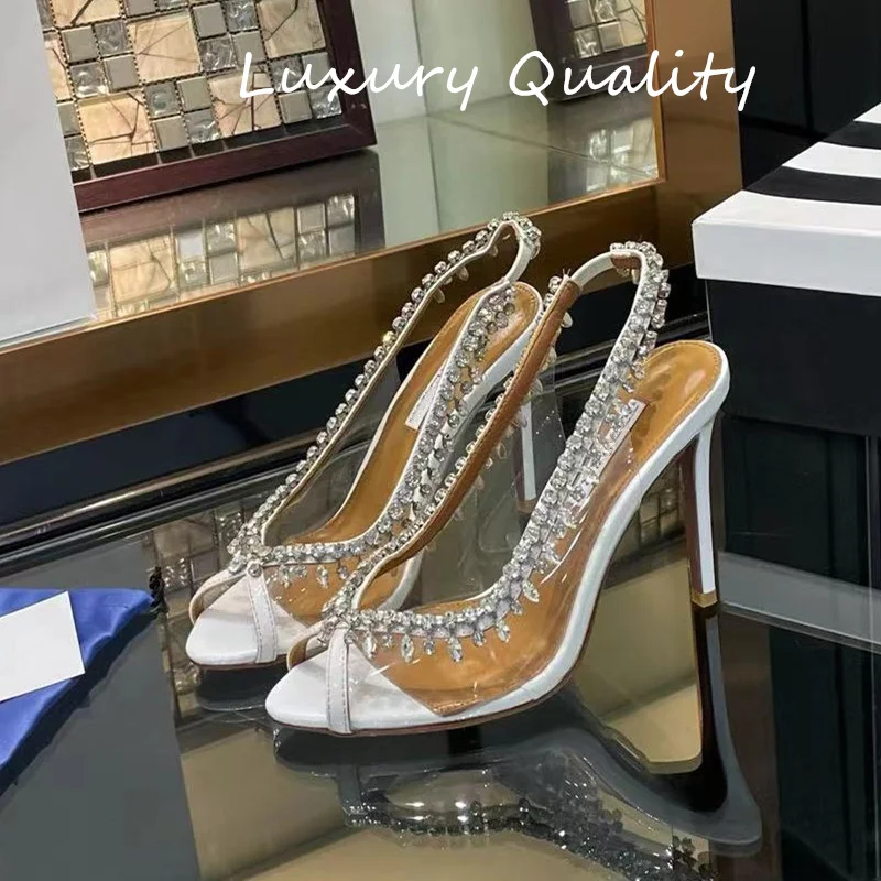 

2024 Women's High heeled sandals Sexy Style Party Shoe stiletto heel Diamond inlay Genuine leather sole High10.5cm