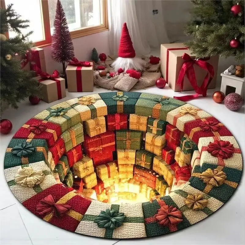 VIKAMA 3D Gift Box Vortex Round Rug Christmas Present Spiral Pattern Non Slip Circular Carpet Living Room Bedroom Floor Mat Xmas