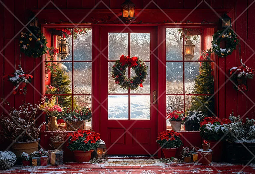 Mehofond التصوير خلفية الشتاء عيد الميلاد الأحمر الخشب نافذة الباب شجرة عيد الميلاد الاطفال الأسرة صورة ديكور خلفية استوديو الصور