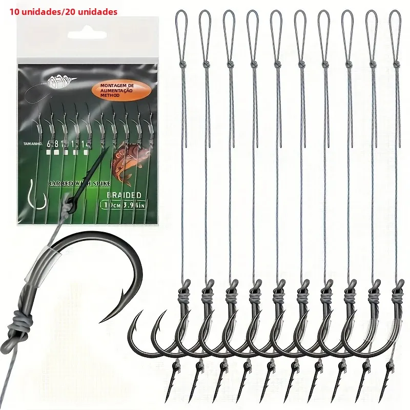10/20 peças de Montagens Method Feeder com Espinhos Farpados e Linha Trançada de 8 Fios, Anzóis Farpados de Alta Resistência Tamanhos 6, 8, 10, 12, 14, Pesca com Feeder