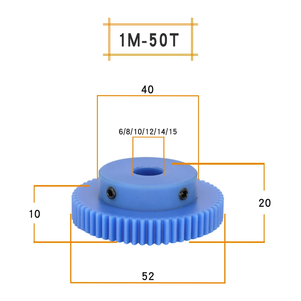 Plastic Gear 1M-50T/60T Bore Size 6/8/10/12/14/15 mm Teeth Pitch 3.14mm Teeth Height 10mm Blue Spur gear  Transmission Parts