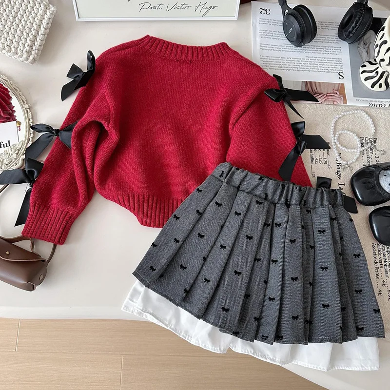 

Children's Set New Autumn Style for Girls with Stylish Bow Long Sleeve Sweater Knitted Top and Skirt Two-Piece Set
