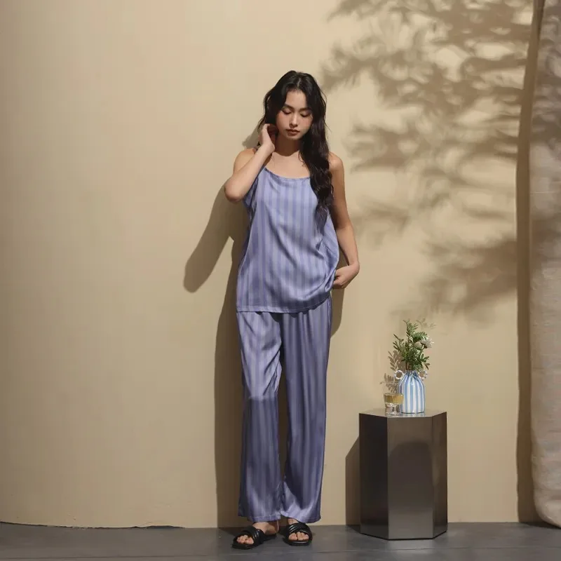 

Cooling Ice Silk Women Striped Cami Pajama Set With Built In Chest Pads Summer Casual Loungewear