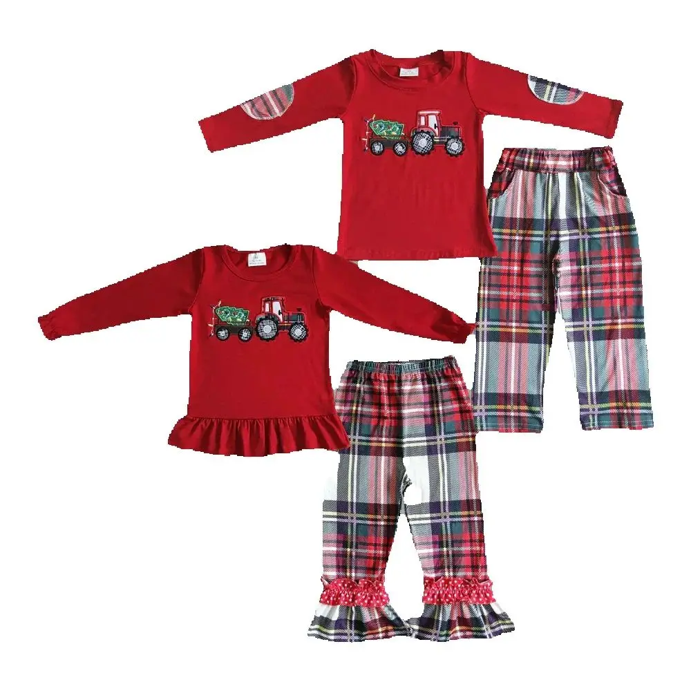 

Sibling Boys Girls Tractors Plaid Pants Christmas Tree Outfits Sets
