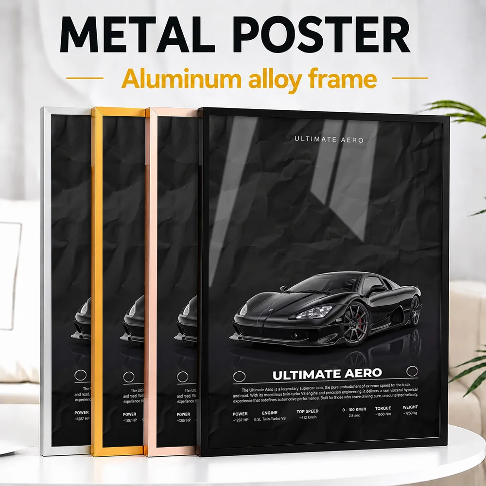 Black American Ultimate Aero Supercar Framed Aluminum Metal Poster Customized Studio Graphic Wall Art For Man Cave Or Office