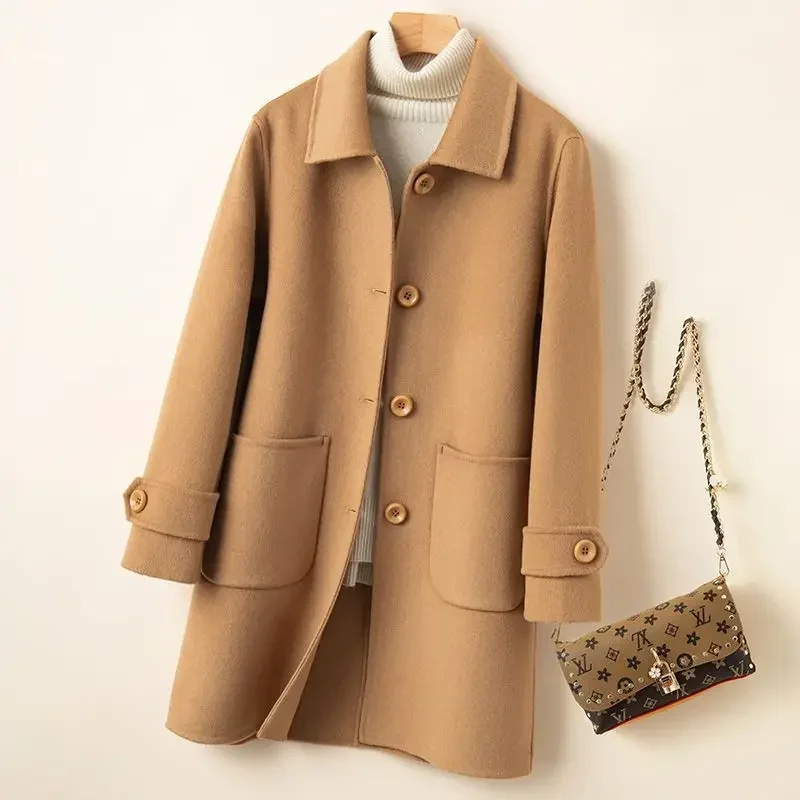 Double-sided cashmere coat women's medium and long  autumn and winter small slim-fit Korean version of high-end Hepburn