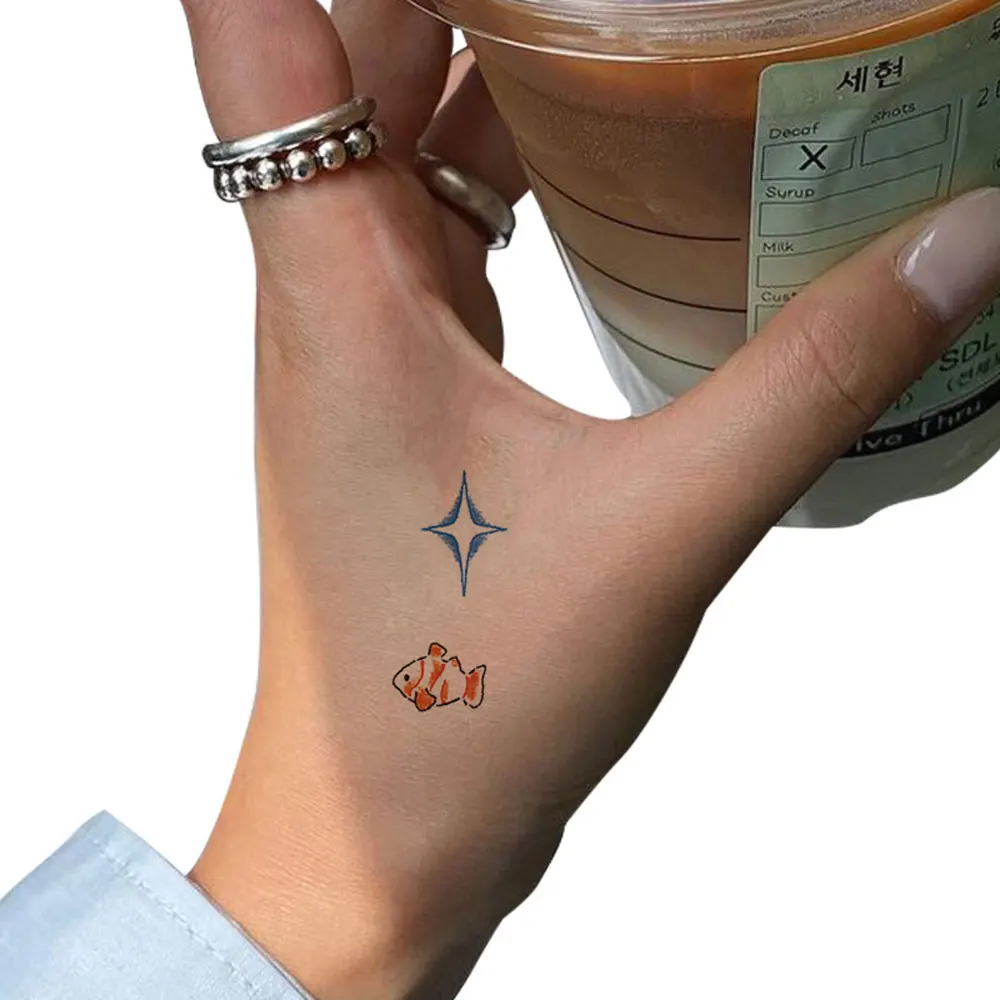 8pcs Cute Cartoon Tattoo Sticker for Fingers Ear Hand Fish Cat Pattern Temporary Tattoos for Women Men Small Fake Tattoo Small