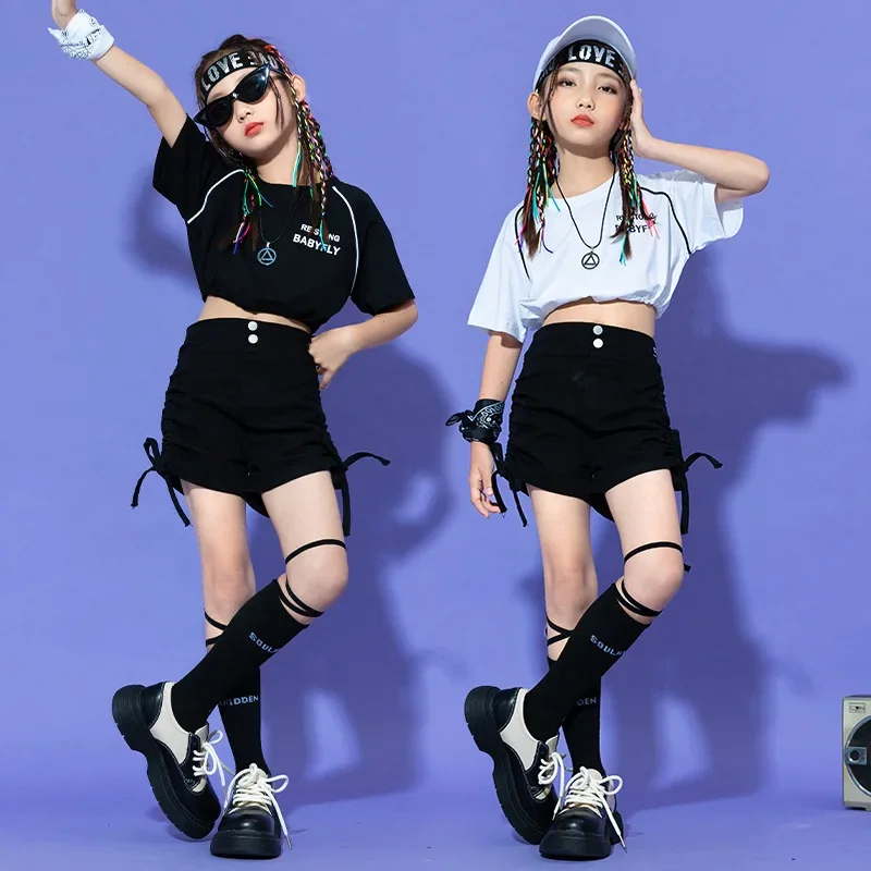 

Girls Hip Hop Jazz Clothes Sets White Short Sleeve Letter Crop Top + Shorts Teen Street Dance Costumes Kids Performance Suits