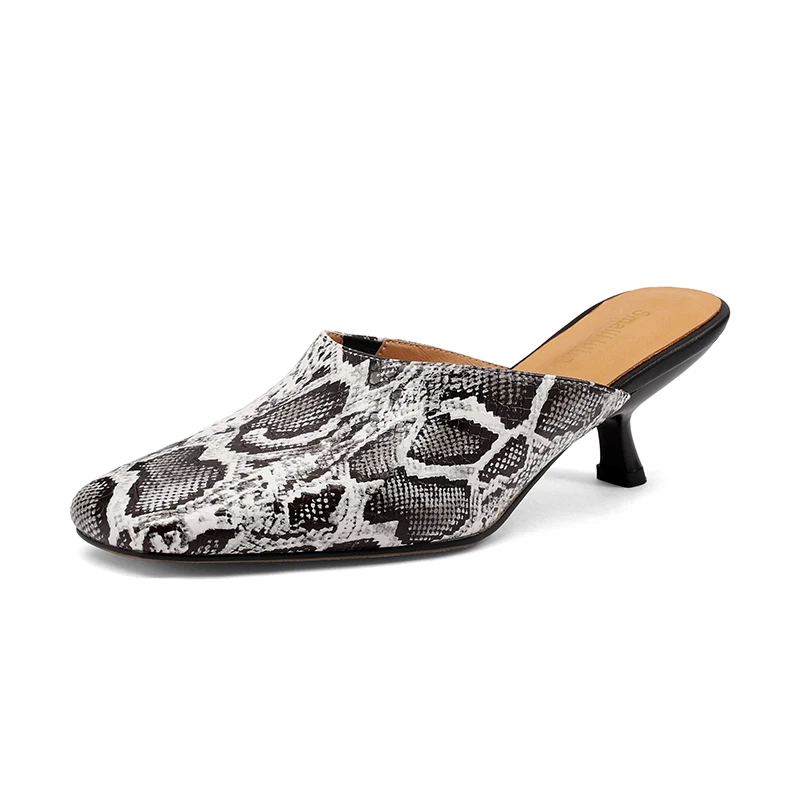 Women's Split Leather Snake Print Mules - Square Toe Block Heel