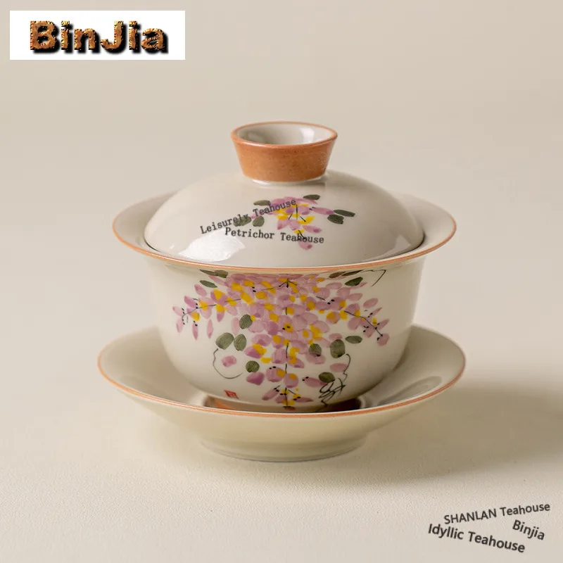 

130ml Hand-painted Purple Wisteria Flower Gaiwan Ancient Tea Tureen Tea Bowl with Lid Kit Tea Brewing Cover Bowl Tea Items Craft