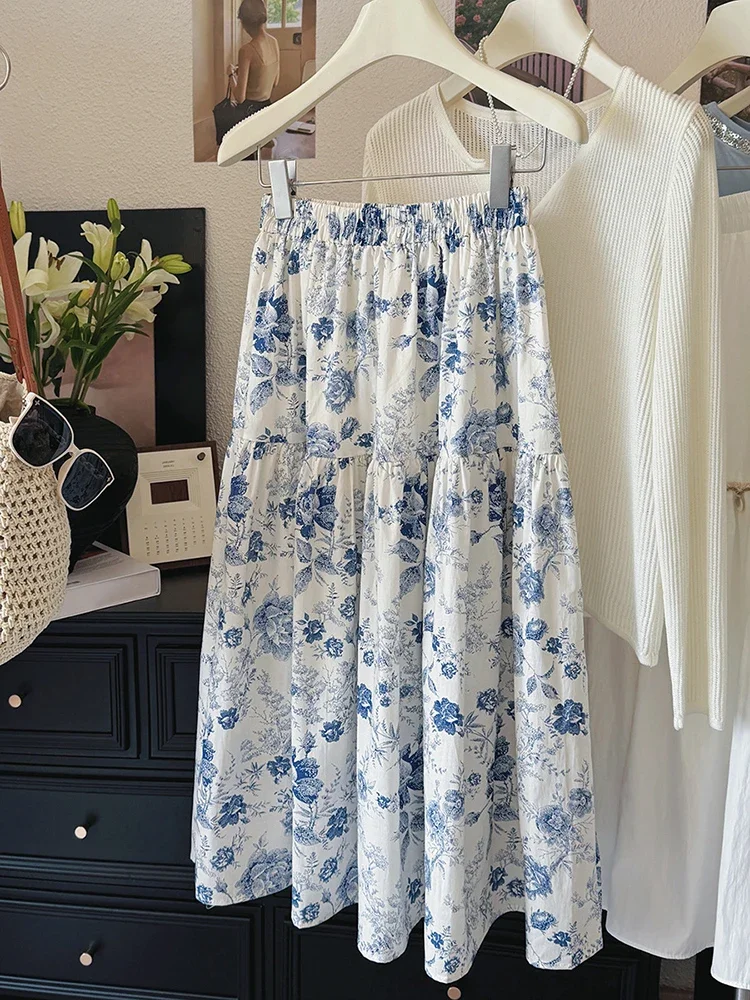 

2025 Summer New Floral Print Skirts Women Retro Loose A-Line Skirt Casual Versatile Elastic Waist Skirts