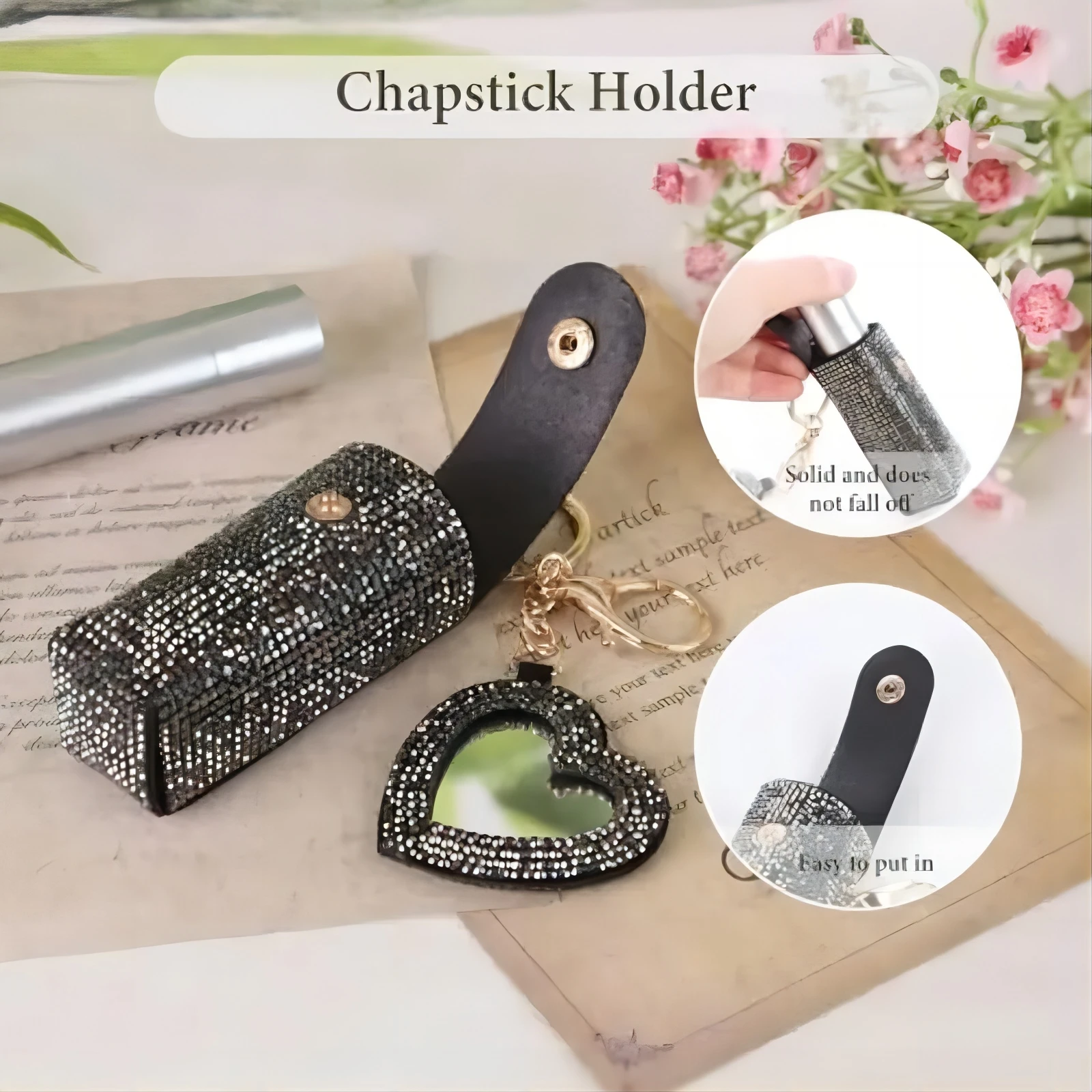 Lipstick Organizer Keychain, Rhinestonee Lipstick Case with Mirror for Women, Portable Lipstick Leather Holder Lip Gloss Bag Lip