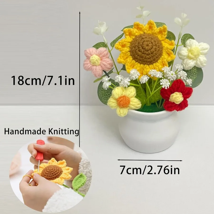 Plantas en macetas de flores de girasol de ganchillo hechas a mano, decoración floral tejida para escritorio de oficina, salpicadero de coche, regalos de cumpleaños únicos para n M
