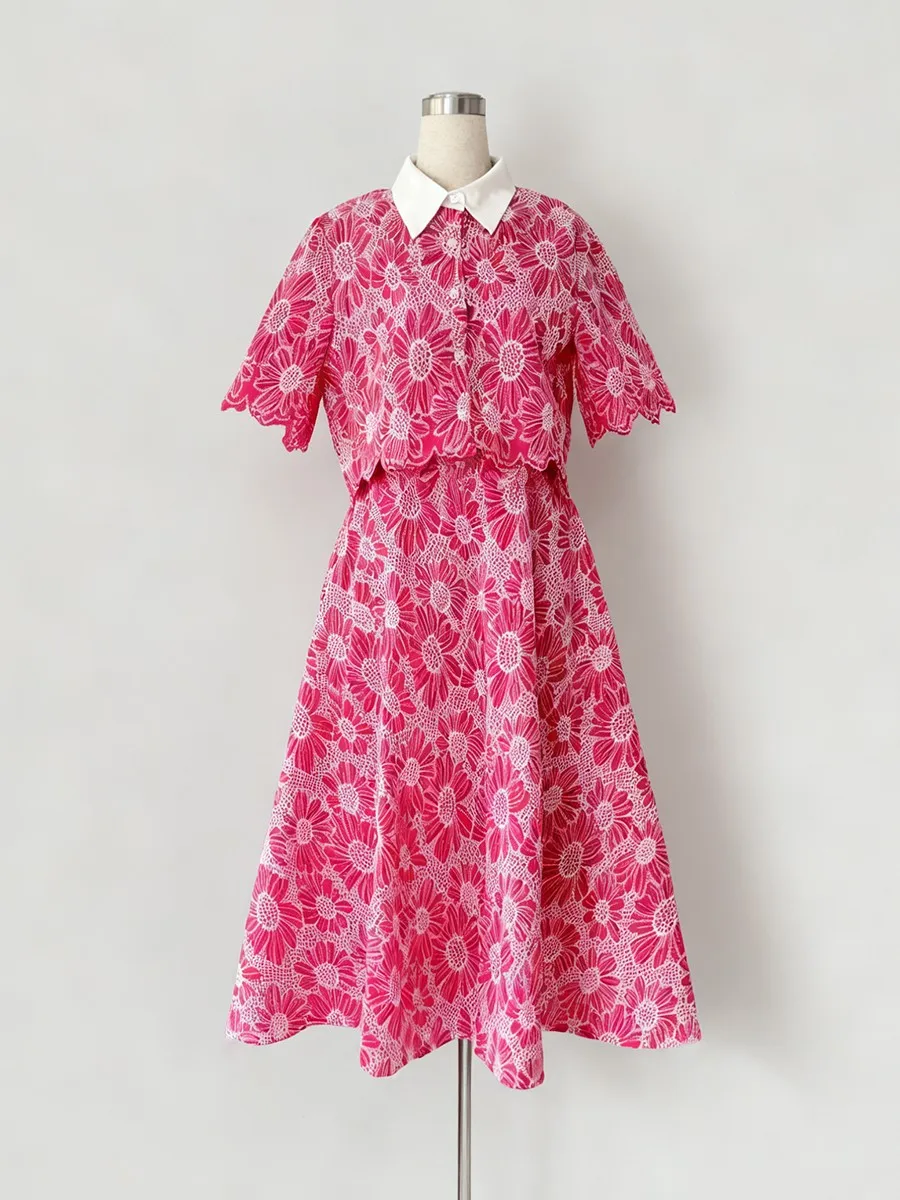 TWOTWINSTYLE, conjuntos de dos piezas con estampado de colores para mujer, solapa, media manga, Top corto, falda de cintura alta, conjunto elegante para mujer, nuevo